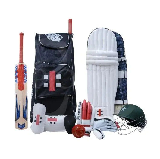 Professional Cricket Kit For Adults Gry Necols Pack of 10- (Hard Ball Cricket Bat + Hard Ball + Gloves + Cricket Kit Bag + Helmet + Under Guard + Leg Pads + Elbow Pads + Thigh Pads)